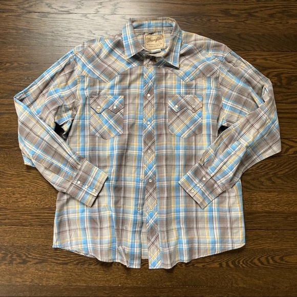 Vtg Wrangler Western Pearl Snap Blue Plaid Shirt Mens Size XL Sawtooth Pockets - Picture 1 of 7